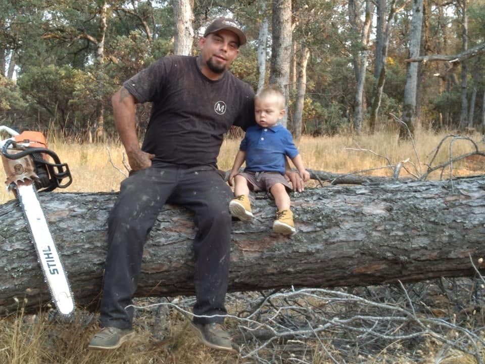 Adult and child sitting together on a felled tree in the forest