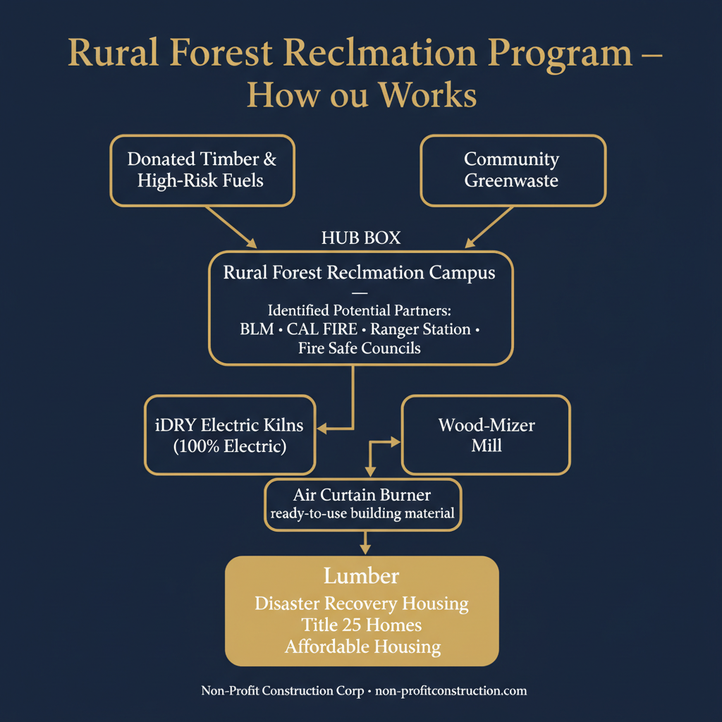 Rural Forest Reclamation Program flowchart showing the path from donated timber and community greenwaste through campus processing to disaster recovery and affordable housing outcomes